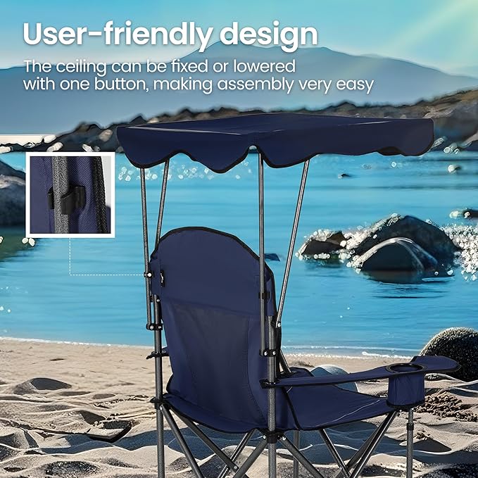 HIGH POINT SPORTS Heavy Duty Canopy Lounge Chair Sunshade Hiking Travel Chair Foldable Canopy Shade Chair for Outdoor Camping Patio Support 350 LBS 2 Pack Navy