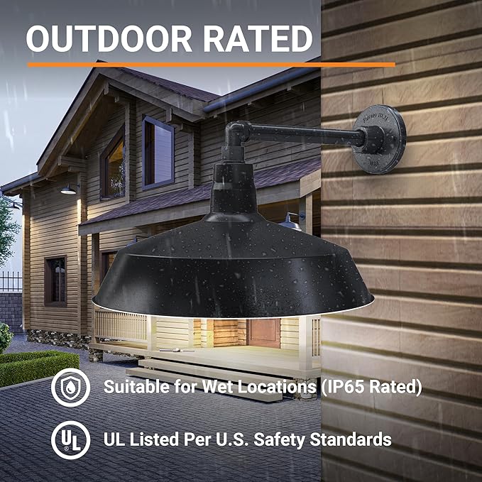 17in. Satin Black Outdoor Gooseneck Barn Light Fixture With 13in. Long Extension Arm - Wall Sconce Farmhouse Vintage Antique Style - UL Listed - 9W 900lm A19 LED Bulb (5000K Cool White)
