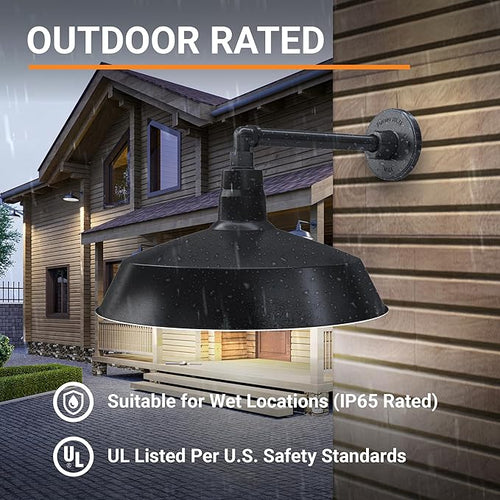 17in. Satin Black Outdoor Gooseneck Barn Light Fixture With 13in. Long Extension Arm - Wall Sconce Farmhouse Vintage Antique Style - UL Listed - 9W 900lm A19 LED Bulb (5000K Cool White)
