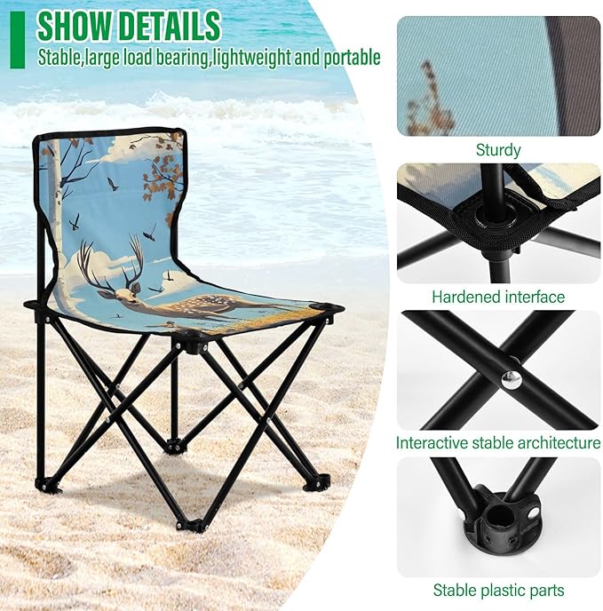 Deer in Woods Portable Camping Chairs Folding Chair - Durable Oxford Fabric Lightweight Iron Frame Easy Fold Design - Ideal for Outdoor Activities Camping Fishing and Travel