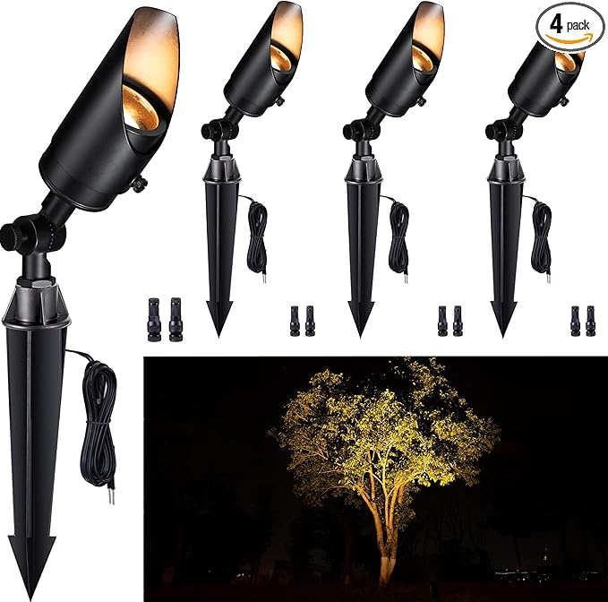 Gardenreet Brass Landscape Lighting Black Low Voltage Spotlights Outdoor 12V LED Wired Uplights Waterproof Spot Lights for Outside Trees Without MR16 Bulb (4 Pack)