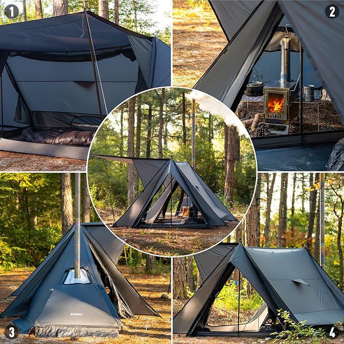 POMOLY Hot Tent Bushcraft Tent STOVEHUT 20 Ultralight Shelter with 4 Poles for 1-2 Person Camping Hiking Backpacking (Blue Grey)