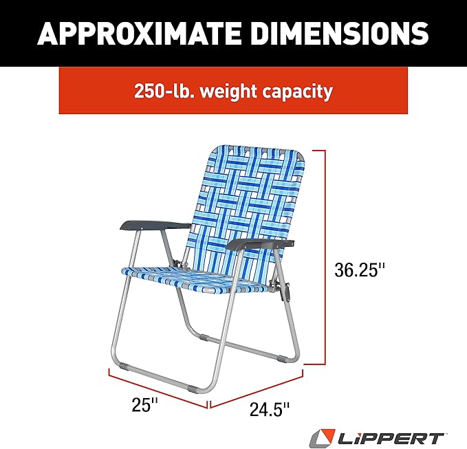 Lippert Blue Vintage XL Webbed Folding Outdoor Lawn Chair with Nylon Material Steel Tube Frame Construction Anti-Slip Feet for The Yard Beach Concerts Sporting Events Camping - 2022301768