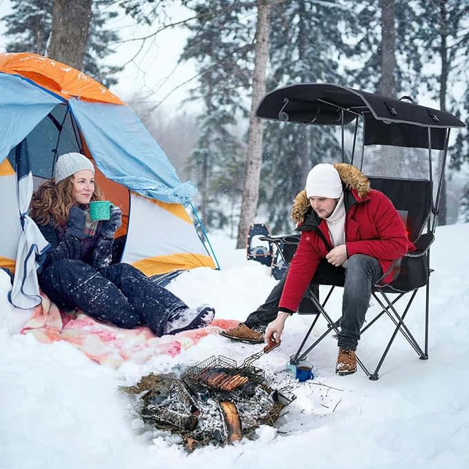 CDEN Heated Canopy Chair with Battery Heated Camping Chair with Footrest Umbrella Chairs Foldable With Detachable Footrest Cooler Bag Cup Holder Side Pocket Power Bank Included (2 Pack Black)