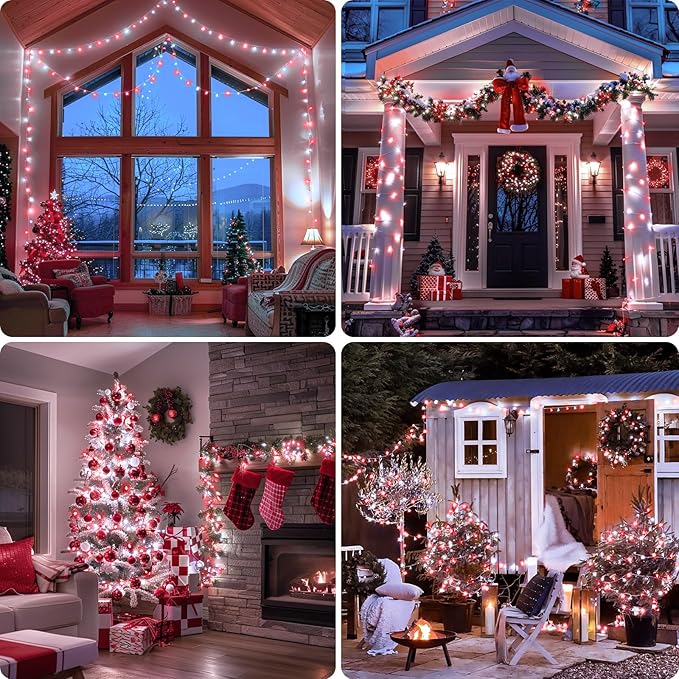 JMEXSUSS 2 Pack Red and White Battery Christmas Lights Each 33ft 100 LED Battery Powered String Lights with Remote for Tree Patio Yard House Party Birthday Outside