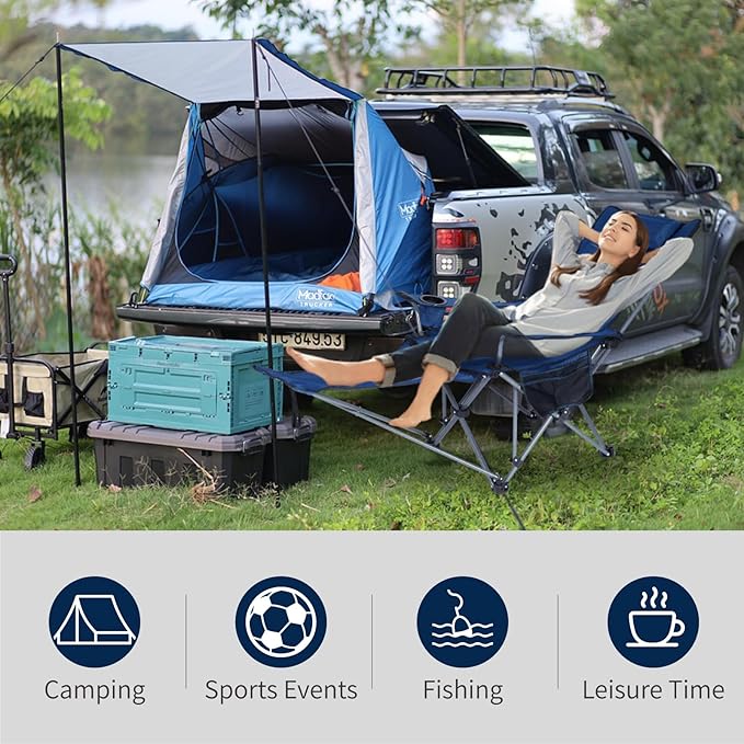Folding Reclining Camping Chairs Footrest: 3 in 1 Portable Beach Lounge Chair Tanning Chairs with Backpack Lay Flat Lawn Chair Camping Furniture Camp Fishing Outdoor Carry Bag (Cloth Back Navy Blue)