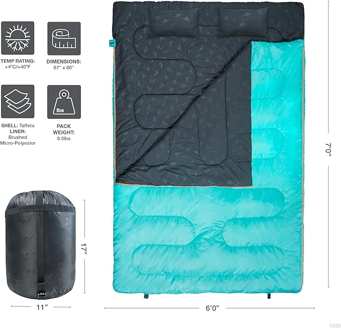 Teton Mammoth Queen Size Double Sleeping Bag- A Warm Bag The Whole Family can Enjoy – Great for Camping Hunting and Base Camp. Compression Sack Included 40F Teal