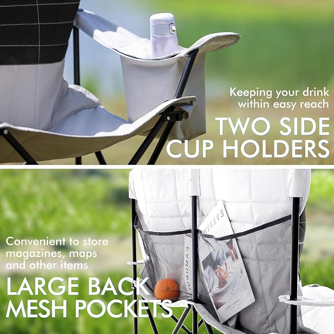 Double Camping Chair for Adults Folding Loveseat 2 Person Camping Couch with Cooler Bag Heavy Duty Oversized Lawn Chair Support 550 lbs for Outdoor Sports Fishing Beach Travel Picnic Gray