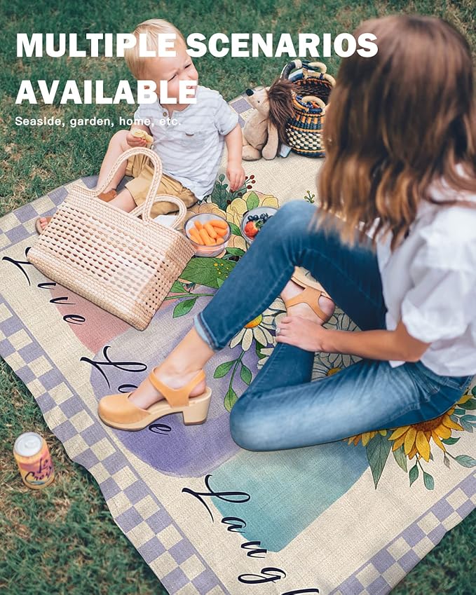 Beach Blanket Daisy Rustic Floral Live Love Laugh Farmhouse Purple Plaid Beach Mat 118x108 Large Picnic BlanketSandproof Waterproof Outdoor Beach Blankets for Travel Camping Hiking Beach Vacation
