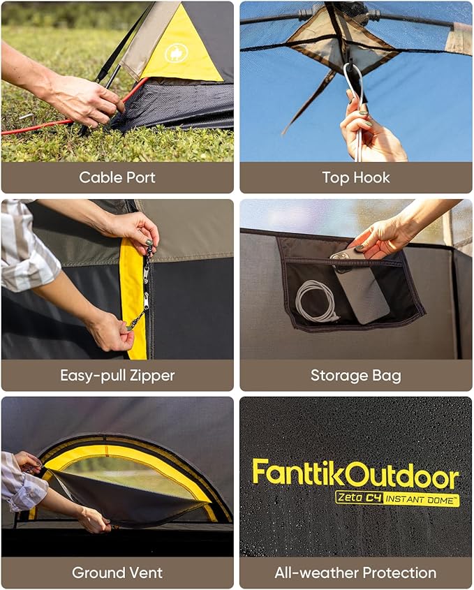 FanttikOutdoor Zeta C2/3/4 Camping Tent 2/3/4 Person Instant Dome Tent Easy Setup in 60s Portable Waterproof Cabin Tent with Pre-Attached Poles &amp Air Vent Ideal for Camping Hiking Backyard