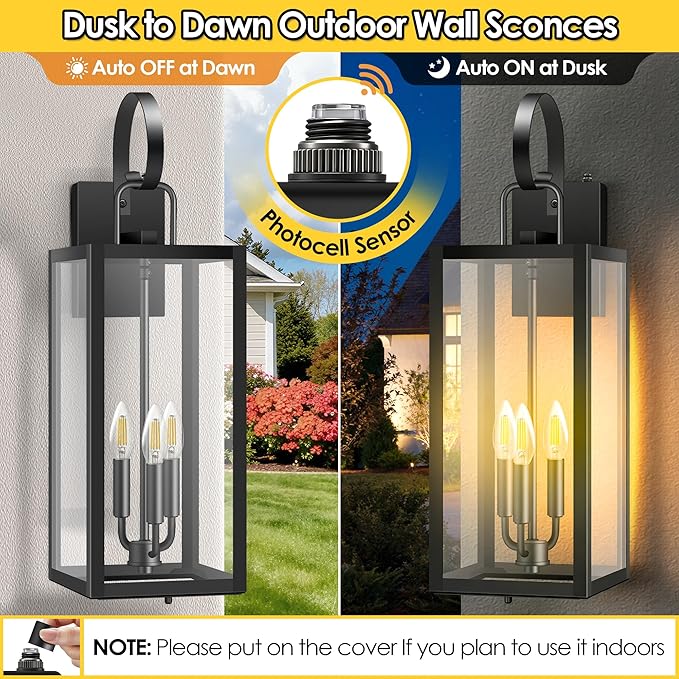 25'' Large Dusk to Dawn Outdoor Wall Light with Closed Bottom 2-Pack Waterproof Porch Lights Outdoor Anti Rust Modern Sconce Lights with E12 Socket for Big House