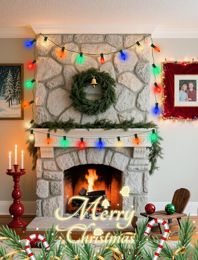 C9 LED Multicolor Christmas Lights 50FT Outdoor String Lights with 54 Ceramic Bulbs (4 Spare) Waterproof Retro Christmas Lights Decor for Xmas Tree Roof Porch Backyard Indoor Outdoor Party