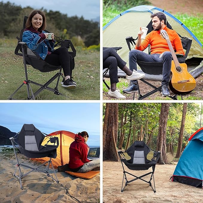 Hammock Chair Camping Rocking Chairs Swing Hammock Chair Adjustable Back Portable with Cup Holder Pillow and Carry Bag for Camping Outdoor Patio (1)