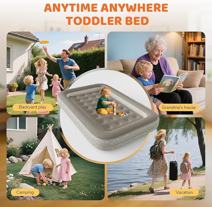 Inflatable Toddler Travel Bed: Portable Blow Up Travel Toddler Bed with Safety Sides - Toddler Air Mattress with Electric Pump ＆ Carry BagIdeal for Sleeping and Outdoor Camping (Beige 60)