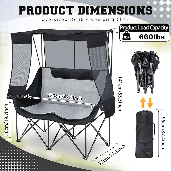 Double Camping Chair with Canopy Shade 660lbs Heavy Duty Beach Chair Portable Folding 2 Person Camping Loveseat with Cup Holder and Storage Bag for Lawn Beach Outdoor Sport(Black and Grey)