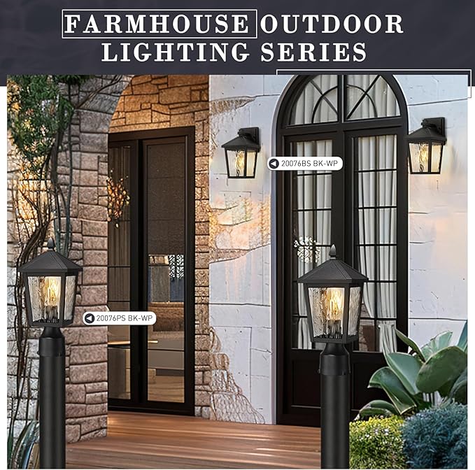 zeyu 2-Pack Outdoor Porch Light Fixtures Exterior Wall Lights for House Die-Cast Aluminum with Water Ripple Glass Black Finish 20076BS-2PK BK-WP