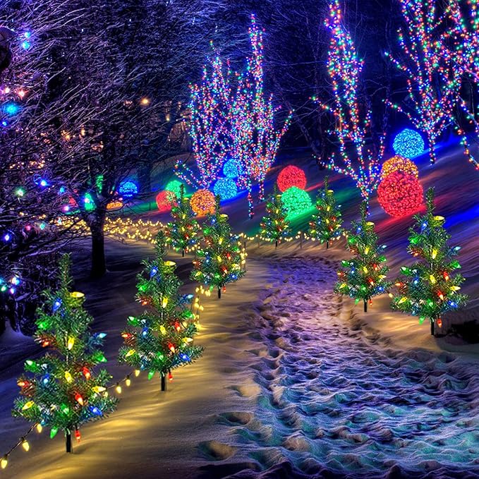 Upgraded 4-Pack Solar Christmas Garden Stake Lights Decorative Xmas Tree Solar Christmas Yard Stake Outdoor Waterproof Pathway Lights for Garden Patio Yard Decorations