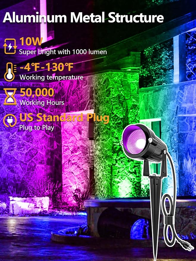 ZUCKEO Christmas Spotlights LED Outdoor Spot Lights for Yard 10W RGB Landscape Lights Color Changing 120V Waterproof Spotlight with Plug &amp Remote for House Garden Path Tree Decoration(2Pack)