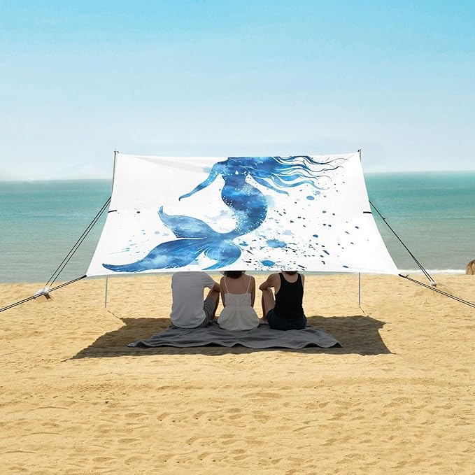 Watercolor Blue Mermaid Beach Tent Sun Shelter 9.2' x 10.5' Beach Canopy with 4 Sandbags 4 Stability Poles Sand Shovels - Tent Canopy for Beach Camping Fishing Picnics