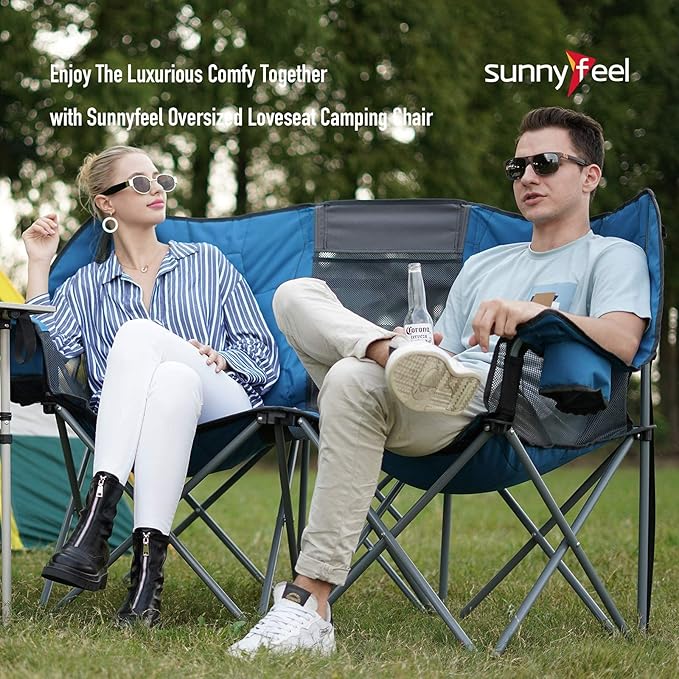 SUNNYFEEL Folding Double Camping Chair Outdoor Portable Loveseat Chair Heavy Duty Foldable Lawn Chairs with Storage for Beach/Tailgate/Travel/Picnic Fold Up Duo Camp Chairs for Adults 2 People