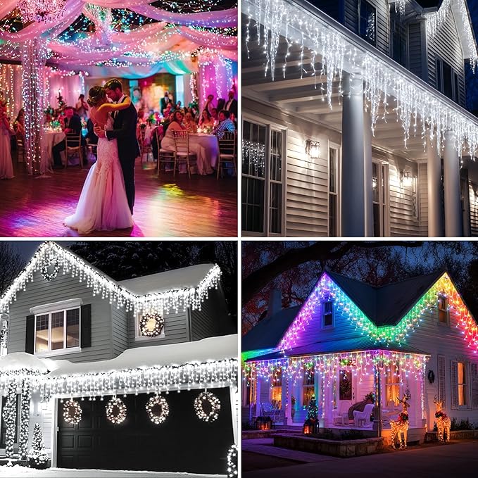 Solar Christmas Lights Outdoor 66+16Ft 660LED Multicolor &amp Cool White Dual Color Changing Icicle Lights 2400mAH Connectable Rechargeable Dimmable Remote 8 Modes for Xmas House Roof Holiday Party
