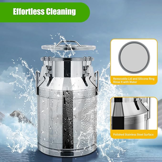 Stainless Steel Milk Can 30L/8Gal Metal Airtight Canister Food Storage Container with Lid &amp Clamps Bean Rice Cereal Storage Bucket for Kitchen Restaurant W12.6*H18.9in