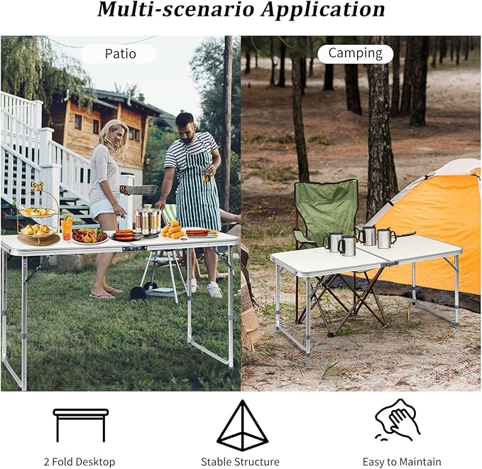 Folding Table 4 FootPortable Camping Camping with Handle3 Height AdjustableAluminium Alloy Dining Card Table Picnic Party Table for Banquet Party Dining Picnic Camp Kitchen BBQSilver 4 FT