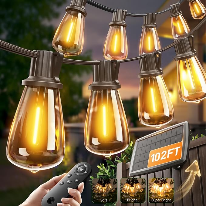 addlon 102FT(96+6) Solar String Lights Outdoor with Remote Waterproof Patio Lights with 30 Shatterproof LED Bulbs 30H+ Long-Lasting Dimmable &amp Timable Solar Light for Backyard Camping Garden Dec