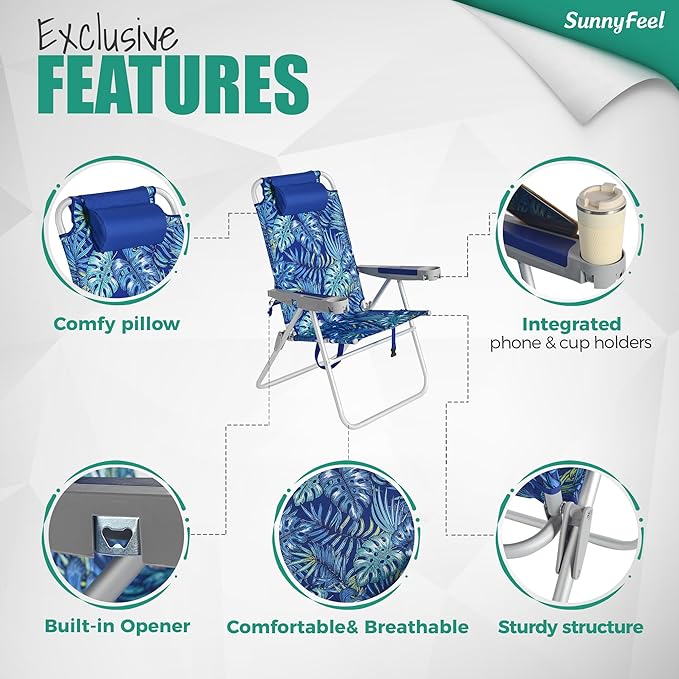 SUNNYFEEL Oversized Tall Folding Beach Chair Lightweight 17 Portable Sand Chair for Adults Heavy Duty 500 LBS with Cup Holders Foldable High Camping Lawn Chairs for Camp/Outdoor/Picnic/Sports