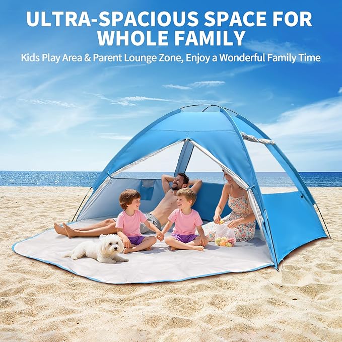 COVACURE 2026 New Upgraded Beach Tent Sun Shelter for 3-4 Person - UPF 50+ UV Protection Beach Shade Waterproof &amp Lightweight Easy Setup Portable Sun Canopy for Camping Fishing Beach(Blue)