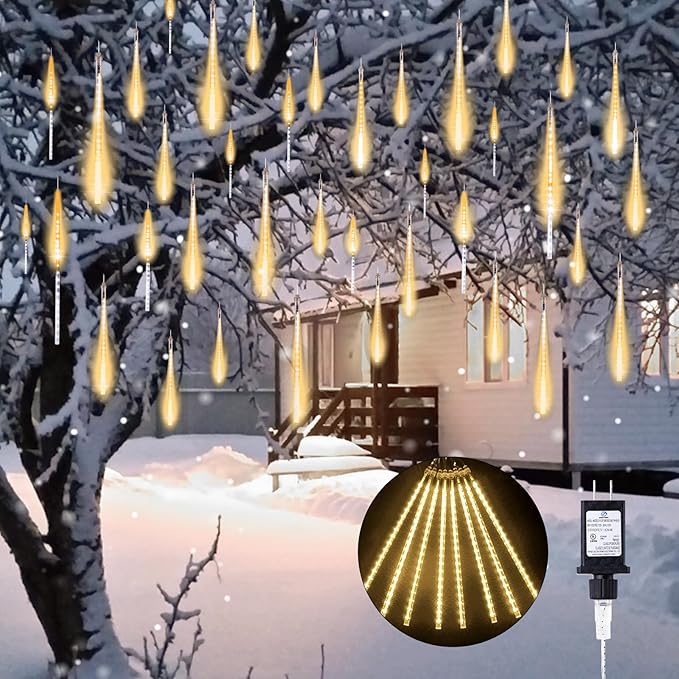 Brightown Meteor Shower Lights Outdoor 16 Inches 16 Tubes 576 LED Icicle Lights Waterproof Meteor Christmas Light Outdoor Hanging Falling Rain Light for Tree Holiday Party Christmas Warm White