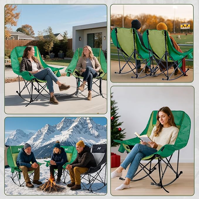 ABORON Heated Oversized Rocking Camping Chair for Adults Fully Padded Folding Outdoor Lawn Chair with Side Pocket Portable Recliner Chair for Camp Patio Backyard Supports 400 lbs