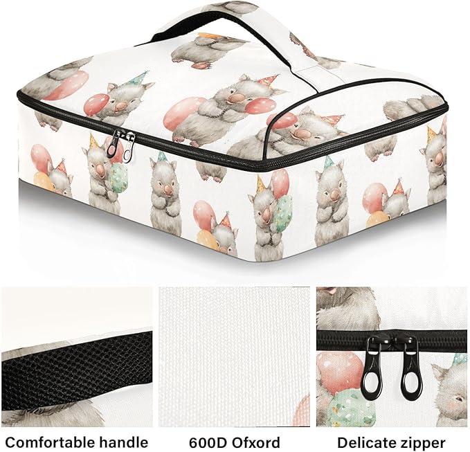 Casserole Carrier Cute Happy WombatInsulated Casserole Carrier for Hot or Cold Food Thermal Lunch Tote for Potluck Parties Picnic Beach Fits 9 x 13 Inches Baking Dish