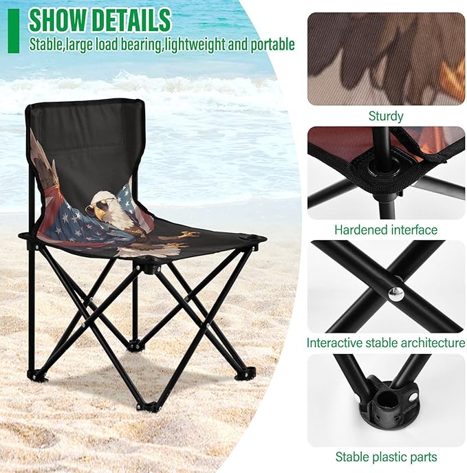 4th of July Independence Day Brown Bird Portable Camp Chairs for Adults Heavy Duty Ultralight Portable Chair Carry Bag Included Outdoor Chairs for Ice Fishing Camping