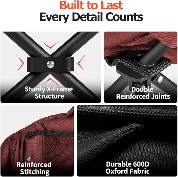 Overmont Oversized XL Camping Chair for Adults - 400lbs Support Heavy-Duty Padded Folding Chair with Side Pocket Cup Holder Cooling Bag for Outdoor Sports Garden Beach Fishing Lawn Red 2pcs3