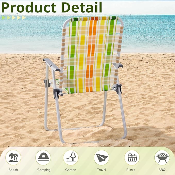 Bonnlo Foldable Patio Chair Set of 2 Heavy-Duty Steel Frame Supports 265 lbs/120 kg Ultra-Lightweight Portable for Travel Poolside Camping Beach (Green and Yellow Crisscross Weave)