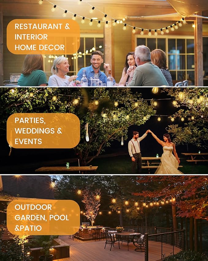 Torkase Outdoor Solar String Lights 30FT Waterproof S14 LED Patio Lights with 13 Shatterproof Bulbs USB Rechargeable 2200K Warm White Energy-Saving Hanging for Garden Porch Bistro Camping