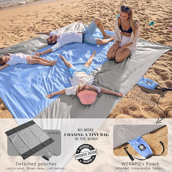 WEKAPO Beach Blanket Sandproof Waterproof Extra Large Beach Mat Oversized &amp Compact Sand Free Quick Drying Beach Essentials for Vacation Cruise Picnic &amp Camping with Stakes