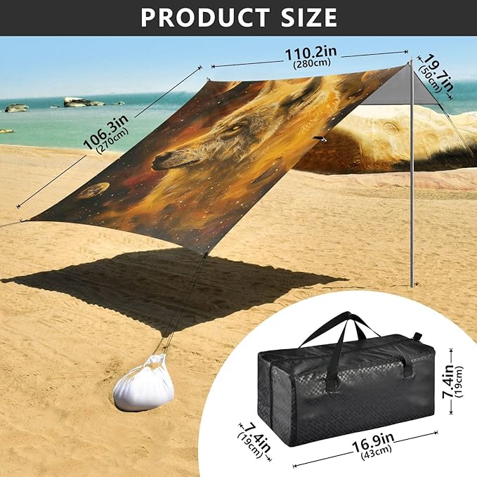ALAZA Golden Wolf Galaxy Beach Tent Sun Shelter UPF50+ Protection Beach Shade Canopy w/ 4 Sandbags for Outdoor Camping Fishing Backyard Fun Picnic 10x9 ft