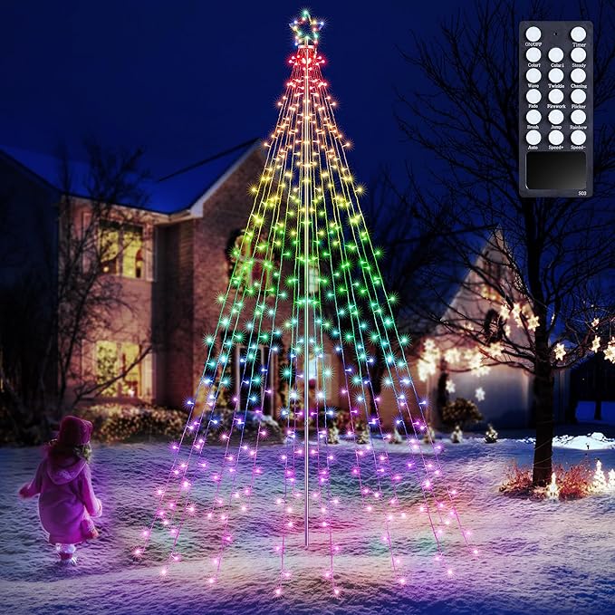 Flacchi Outdoor Star String Lights - Pole Set with Remote Multiple Lighting Modes Timer and Waterproof Feature for Ultimate Holiday Decor (RGB 10 FT/408LED)