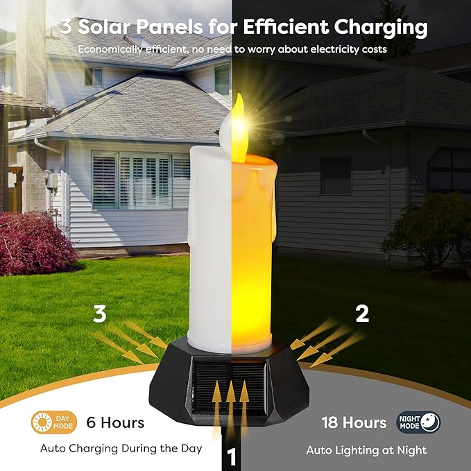 BlcTec Solar Candles Outdoor Waterproof Realistic Flickering Flames LED Candles with IP65 High Rating Waterproof Suitable for Lawn Yard Pathway Camping Graveyard Halloween Outdoor Decor 4 PCS