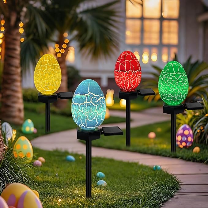 4 Pack Solar Easter Egg Lights Outdoor Waterproof Solar Easter Yard Decorations Outdoor Easters Yard Stakes Lights for Outside Lawn Walkway Patio Cemetery Grave (Red/Yellow/Green/Blue)