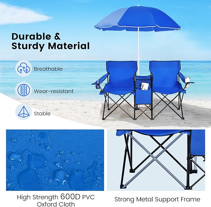 KOTEK Double Camping Chair Folding Camp Chair with Removable Umbrella Cup Holders Cooler Bag Side Pocket &amp Carry Bag 2-Person Beach Chair for Outdoor Sports Concerts Travel Picnic (Blue)