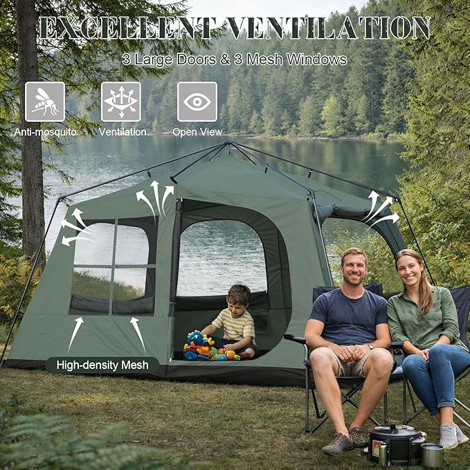 6-8 Person Camping Tent with Porch Large Family Cabin Tent with 2 Rooms 3 Doors Tall &amp Spacious Waterproof Glamping Tent Big Tents for Outdoor Camping Hiking Backyard