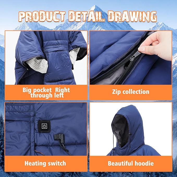 Preboun Heated Blanket Battery Operated 3-temp Thermal Poncho Sleeping Bag Winter Wearable Hooded Water Resistant Cloak Cape with Portable Sack for Men Women Outdoor Sport Backpacking Hiking Hunting