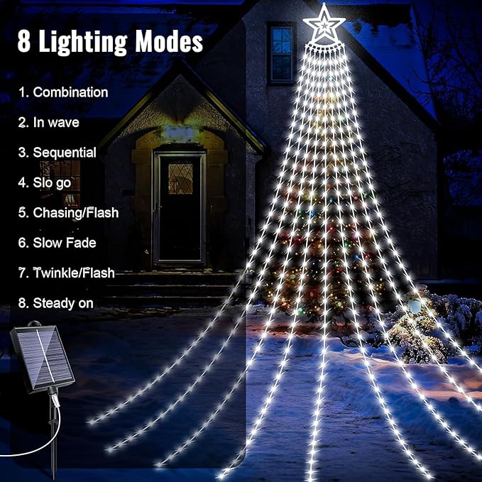 HELESIN Solar Outdoor Christmas Decorations Lights 350LED Christmas Star Tree Light wth Remote Control 8 Modes Waterfall Lights USB Charge for Holiday Xmas Tree Patio Yard Decor Cold White