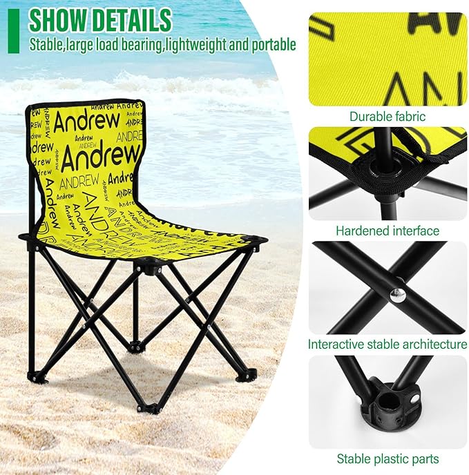 Sinestour Yellow Custom Folding Camping Chair for Teen Child Personalized Name 14.6×14.6in Portable Outdoor Chair with Carry Bag for Travel Hiking Lawn