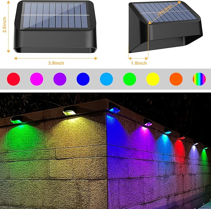 Solar Lights Outdoor RGB 8 Colors Dusk to Dawn Deck Light Solar Deck Lights for Outside IP65 Waterproof Backyard/Railing/Wall/Step/Patio/Fence(8 PackBlack)