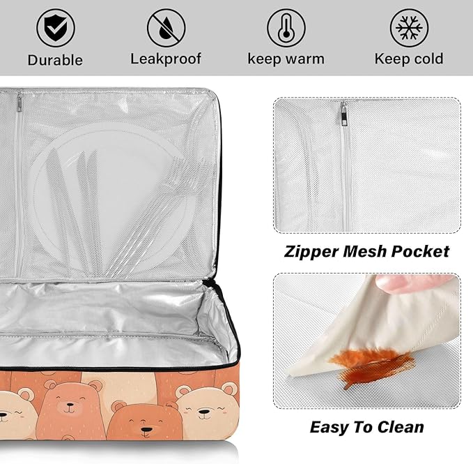 Casserole Carrier Pattern Cute Cartoon BearsInsulated Casserole Carrier for Hot or Cold Food Thermal Lunch Tote for Potluck Parties Picnic Beach Fits 9 x 13 Inches Baking Dish