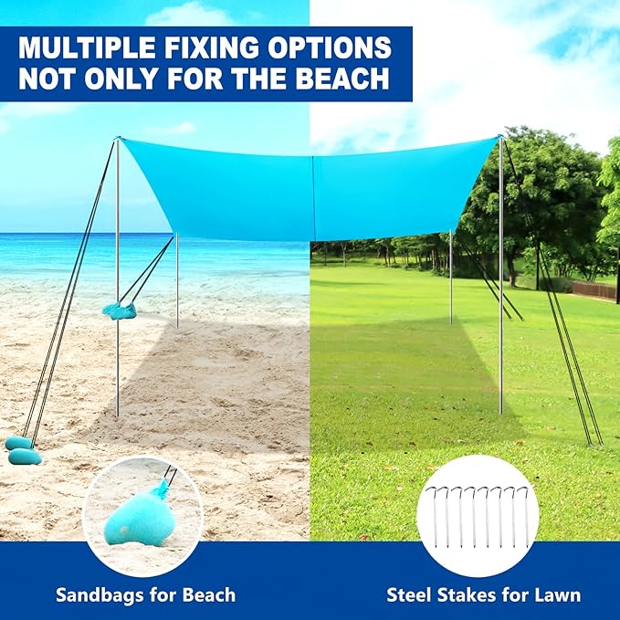 Beach Tent Sun Shelter with UPF50+ Protection Grande Beach Tent for Family Vacation Outdoor Beach Shade Canopy with 4 Pole and 8 Sandbags for Camping Fishing Backyard Fun (10×10FT)